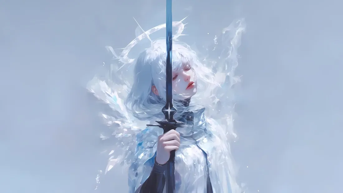 2k白发二次元角色壁纸｜灰调背景 - 圣剑特效「哲风壁纸」