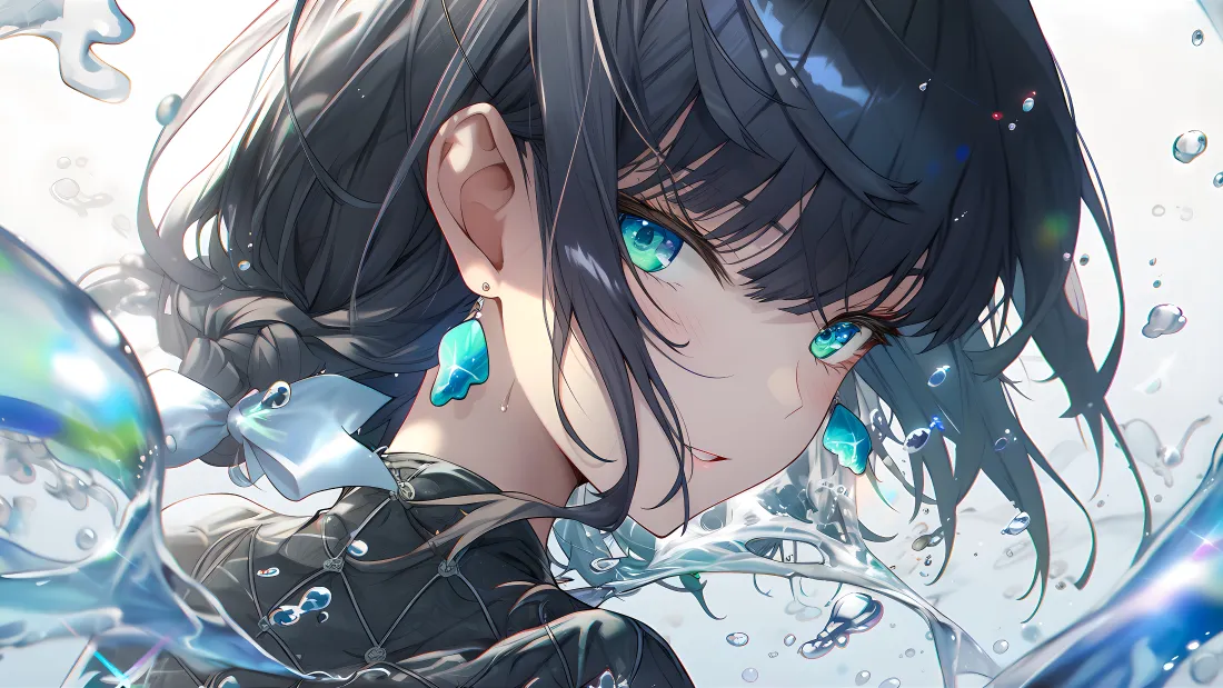 4k动漫少女壁纸｜水元素背景 - 蓝瞳黑发「哲风壁纸」