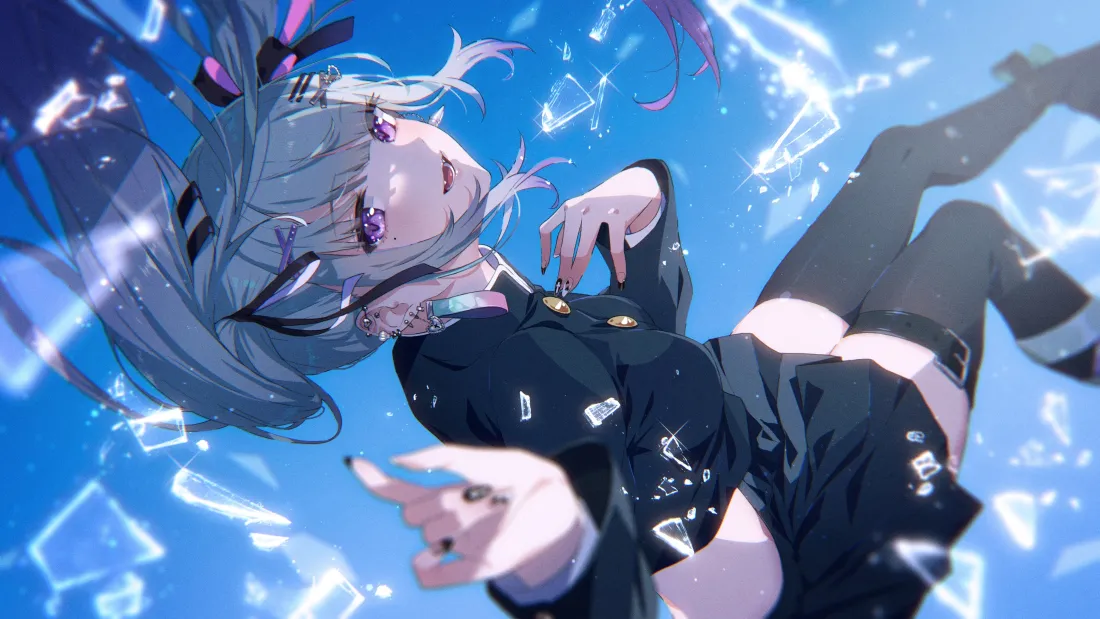 4k紫瞳回眸动漫壁纸｜冰晶蓝背景 - 黑服女孩「哲风壁纸」