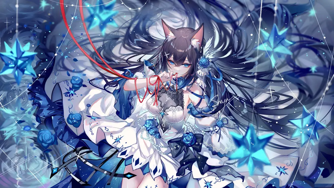 4k狐耳少女壁纸｜蓝色系背景 - 二次元动漫「哲风壁纸」