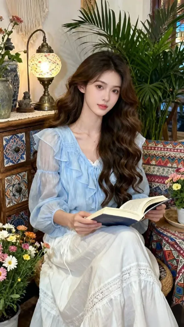 蓝衣美女手机壁纸｜复古家居背景 - 看书「哲风壁纸」