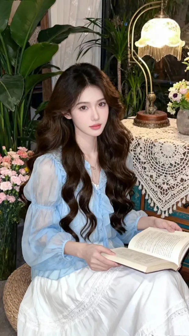 蓝衣美女手机壁纸｜室内背景图片 - 看书「哲风壁纸」
