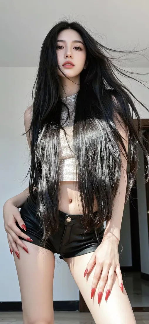 时尚美女手机壁纸｜室内 - 露脐装黑短裤「哲风壁纸」