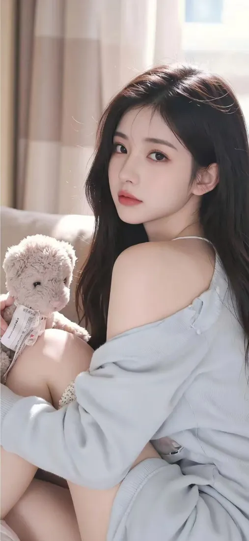 浅蓝裙美女手机壁纸｜室内背景 - 毛绒玩具「哲风壁纸」