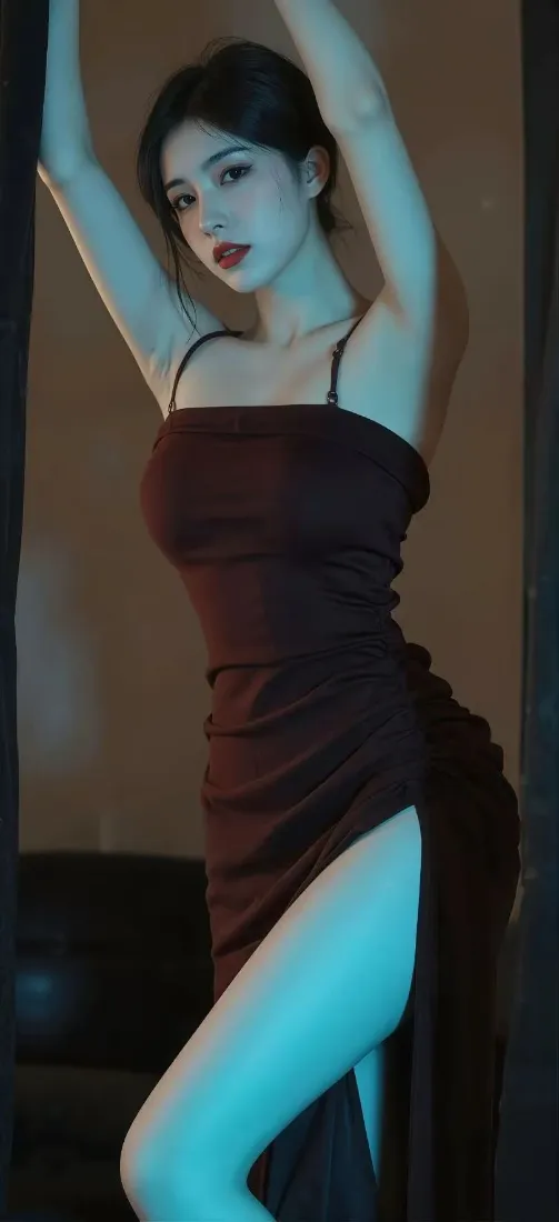 红裙美女手机壁纸｜暗调背景 - 吊带开叉裙「哲风壁纸」