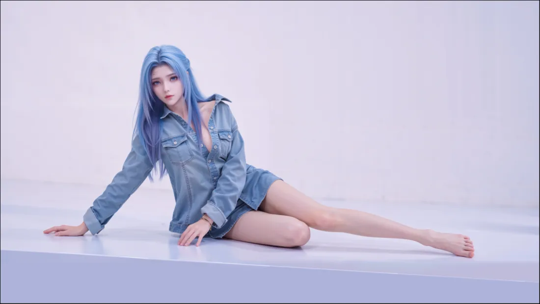 12k唐舞桐壁纸｜白色背景 - 蓝发牛仔装「哲风壁纸」