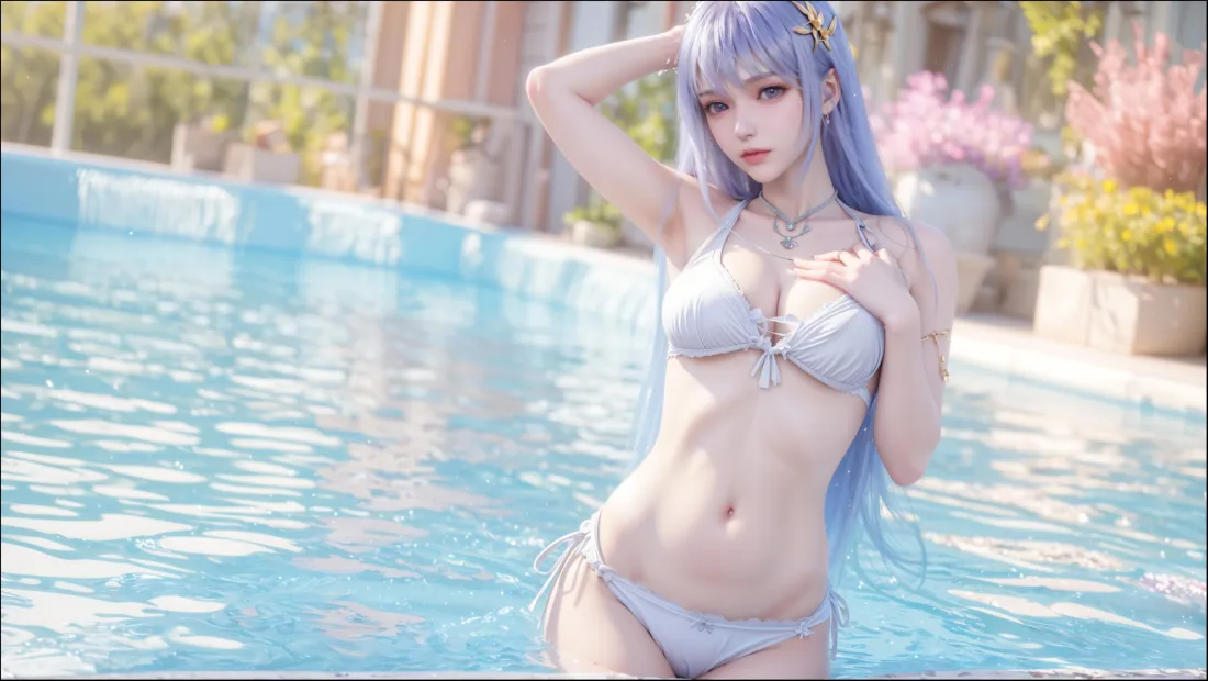 9k蓝发美女壁纸｜泳池背景图片 - 清凉泳装「哲风壁纸」