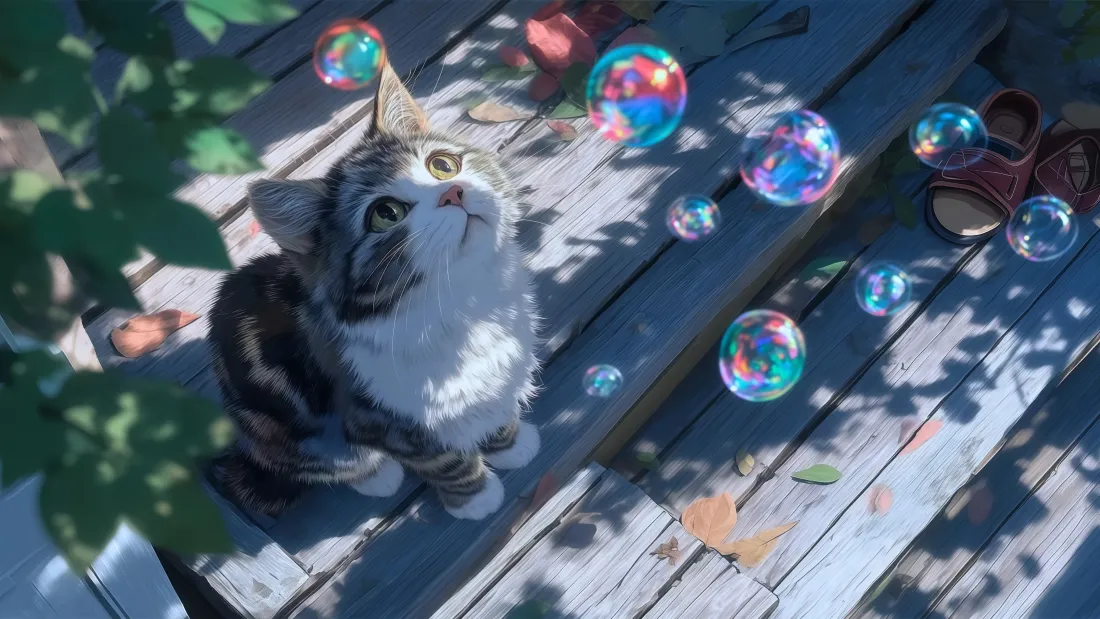 4k小花猫壁纸｜阳光树荫背景图片 - 幻彩泡泡「哲风壁纸」