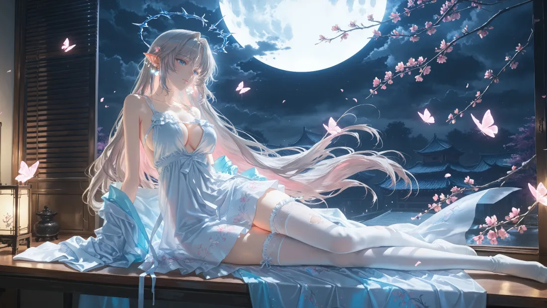 4k卡提西娅壁纸｜月圆之夜背景 - 樱花蝴蝶「哲风壁纸」