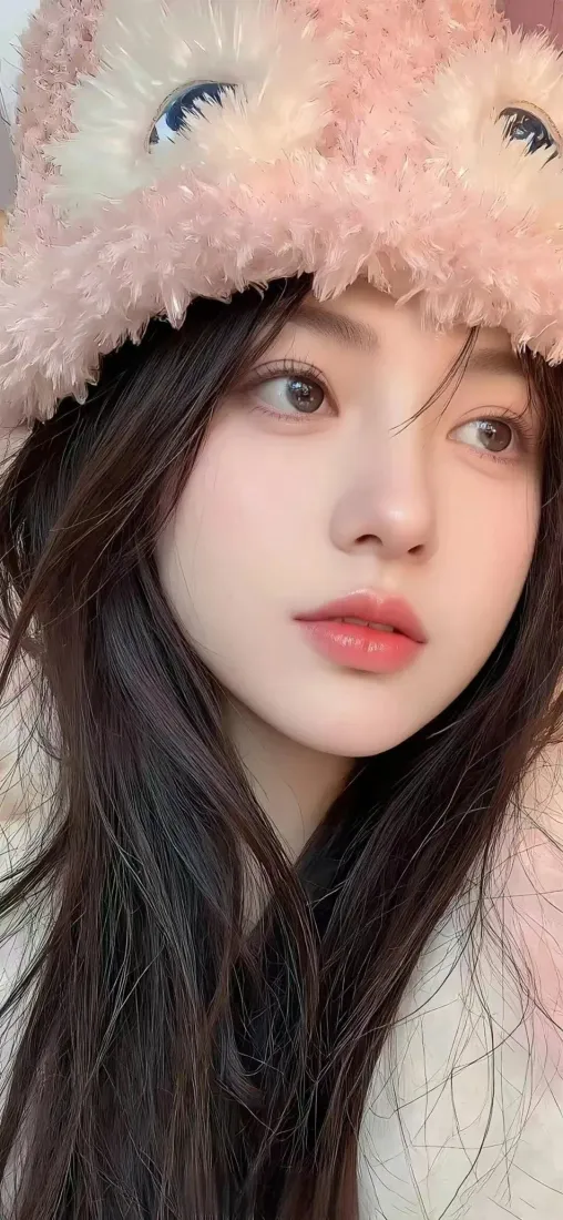 粉色毛绒帽美女手机壁纸｜Ios背景 - 长发红唇「哲风壁纸」