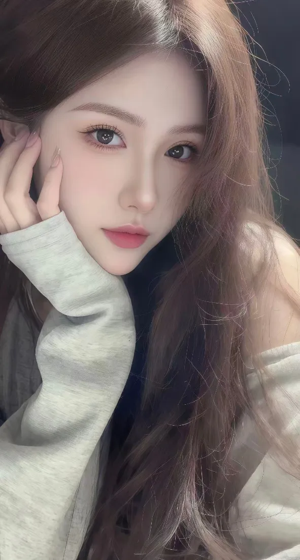 长发美女手机壁纸｜浅灰上衣 - 红唇Ios「哲风壁纸」
