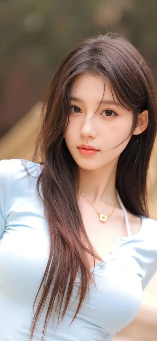 美女手机壁纸｜浅蓝背景 - 长发美女「哲风壁纸」