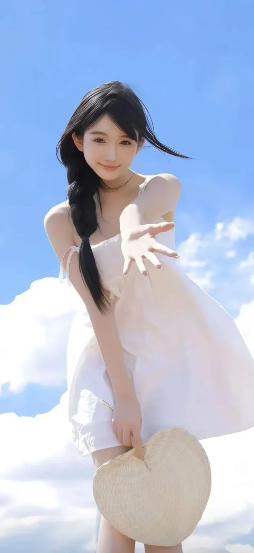美女手机壁纸｜蓝天背景 - 白色连衣裙心形帽「哲风壁纸」