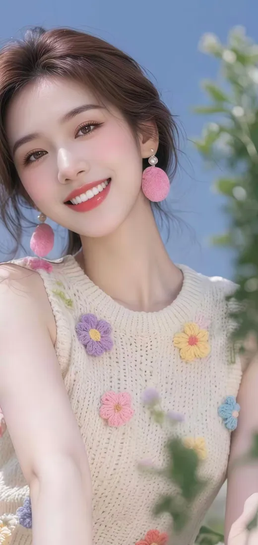 美女手机壁纸｜蓝天绿植背景图片 - 花朵上衣「哲风壁纸」