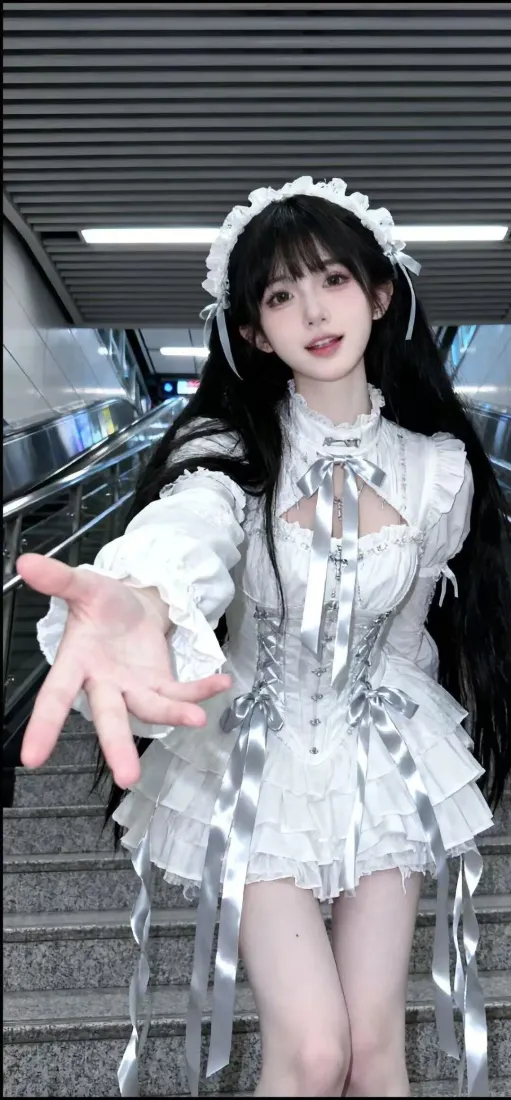 白色洛丽塔美女手机壁纸｜楼梯背景图片 - 可爱少女「哲风壁纸」