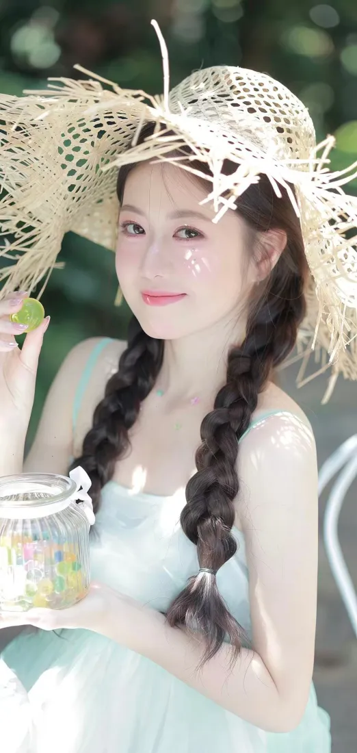 草帽美女｜浅绿裙背景图片 - 夏日清新「哲风壁纸」