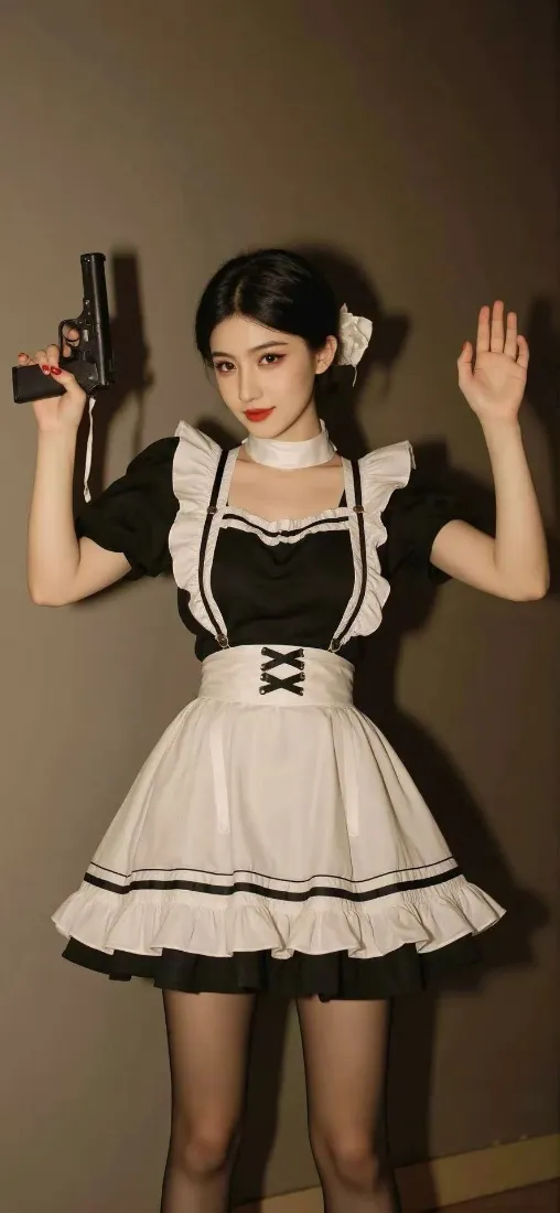 女仆装美女手机壁纸｜室内背景图片 - 手枪黑丝「哲风壁纸」