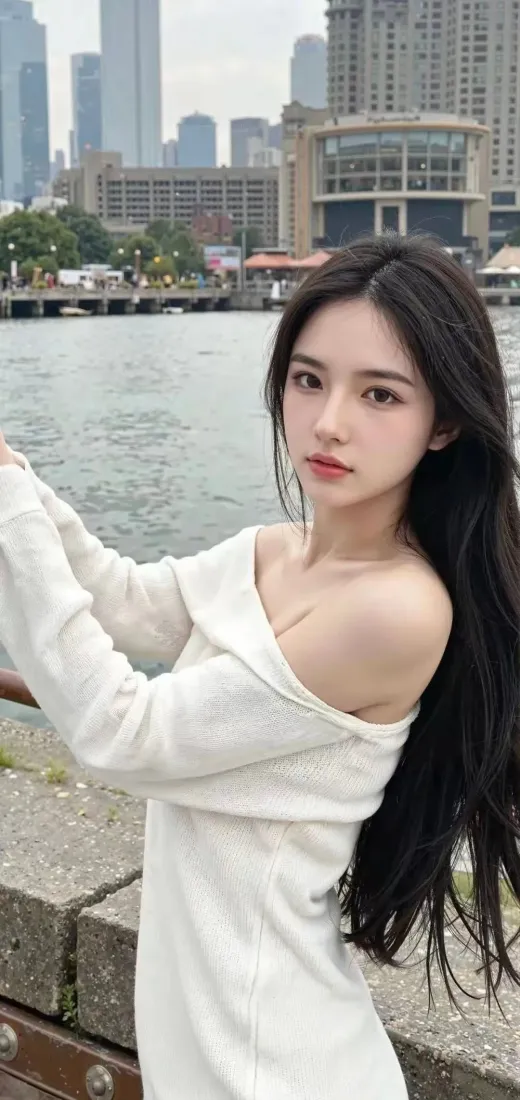 白衣美女手机壁纸｜都市水边背景 - 长发「哲风壁纸」