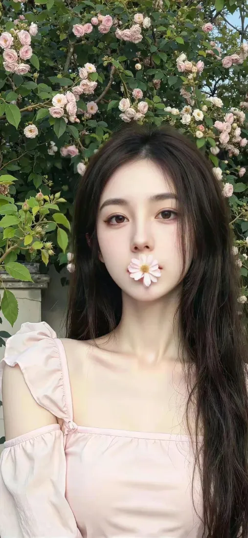粉色美女手机壁纸｜花墙背景 - 清新长发「哲风壁纸」