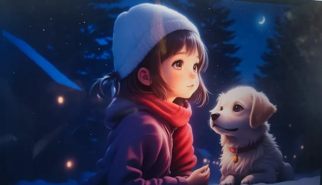 2k小女孩与小狗壁纸｜夜晚森林 - 萌萌「哲风壁纸」