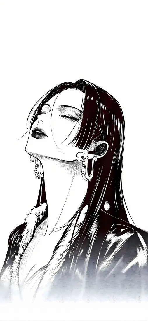 动漫人物手机壁纸｜黑白插画 - 长发皮衣「哲风壁纸」