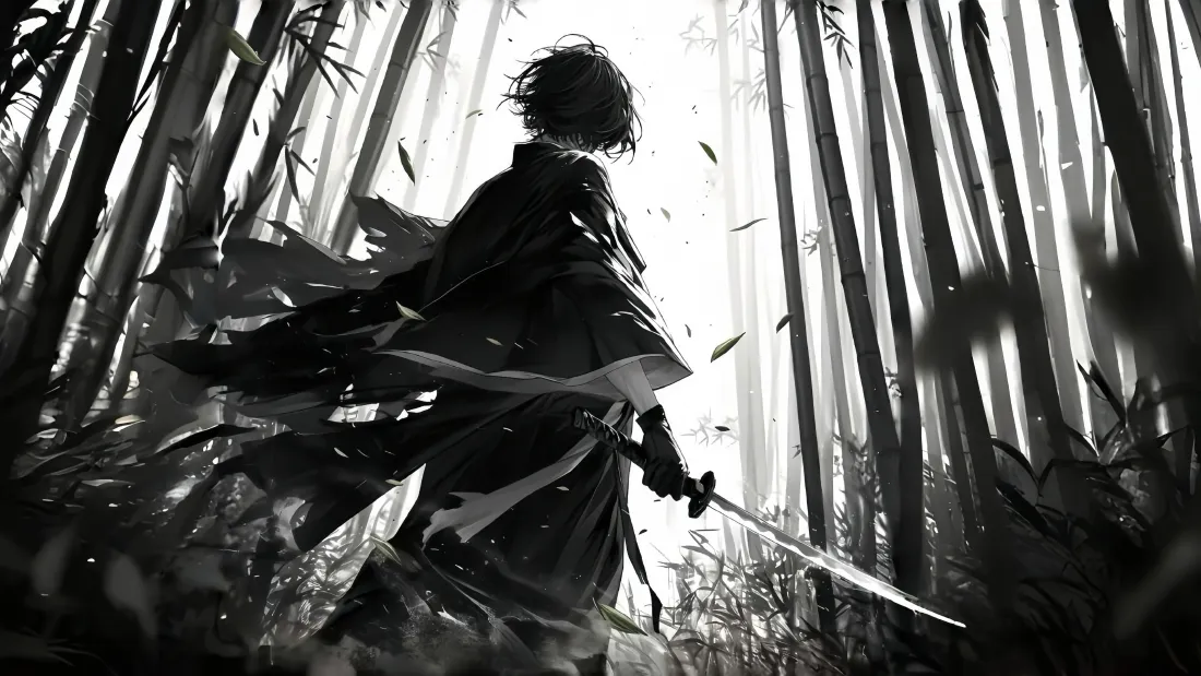 4k古风剑客黑白竹林壁纸｜武侠 - 水墨剑客「哲风壁纸」
