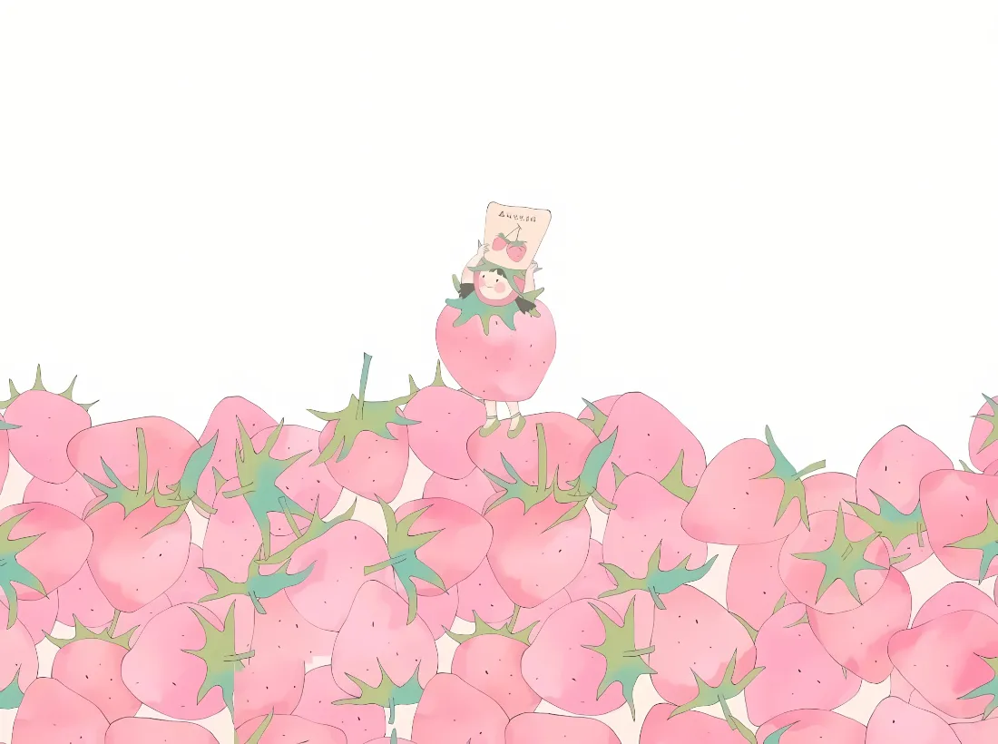 2k卡通草莓小人壁纸｜粉色简约背景 - 可爱插画「哲风壁纸」