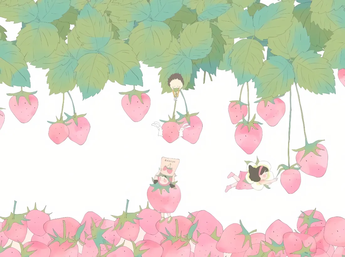 2k卡通草莓壁纸｜田园背景 - 小熊女孩「哲风壁纸」