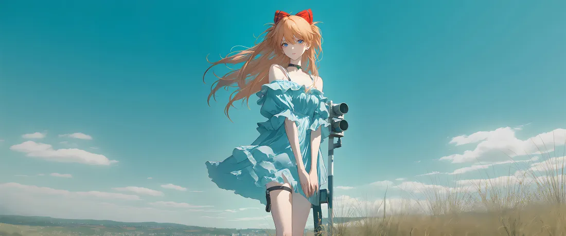 7k明日香蓝色连衣裙壁纸｜蓝天草地 - 新世纪福音战士「哲风壁纸」