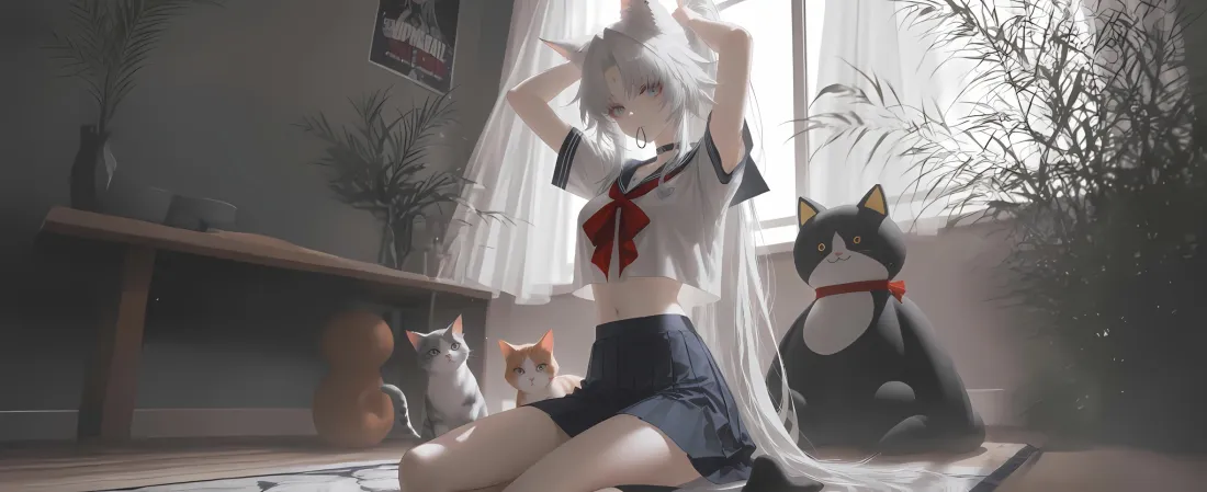 2k猫娘jk壁纸｜室内背景 - 白发动漫少女「哲风壁纸」