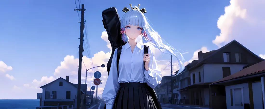 2k神里绫华壁纸｜海边小镇 - 白发穿搭「哲风壁纸」
