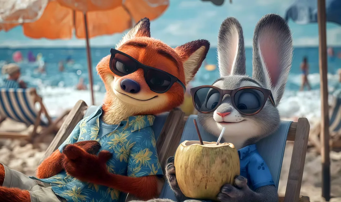 4k疯狂动物城壁纸｜海滩度假背景 - 尼克朱迪「哲风壁纸」