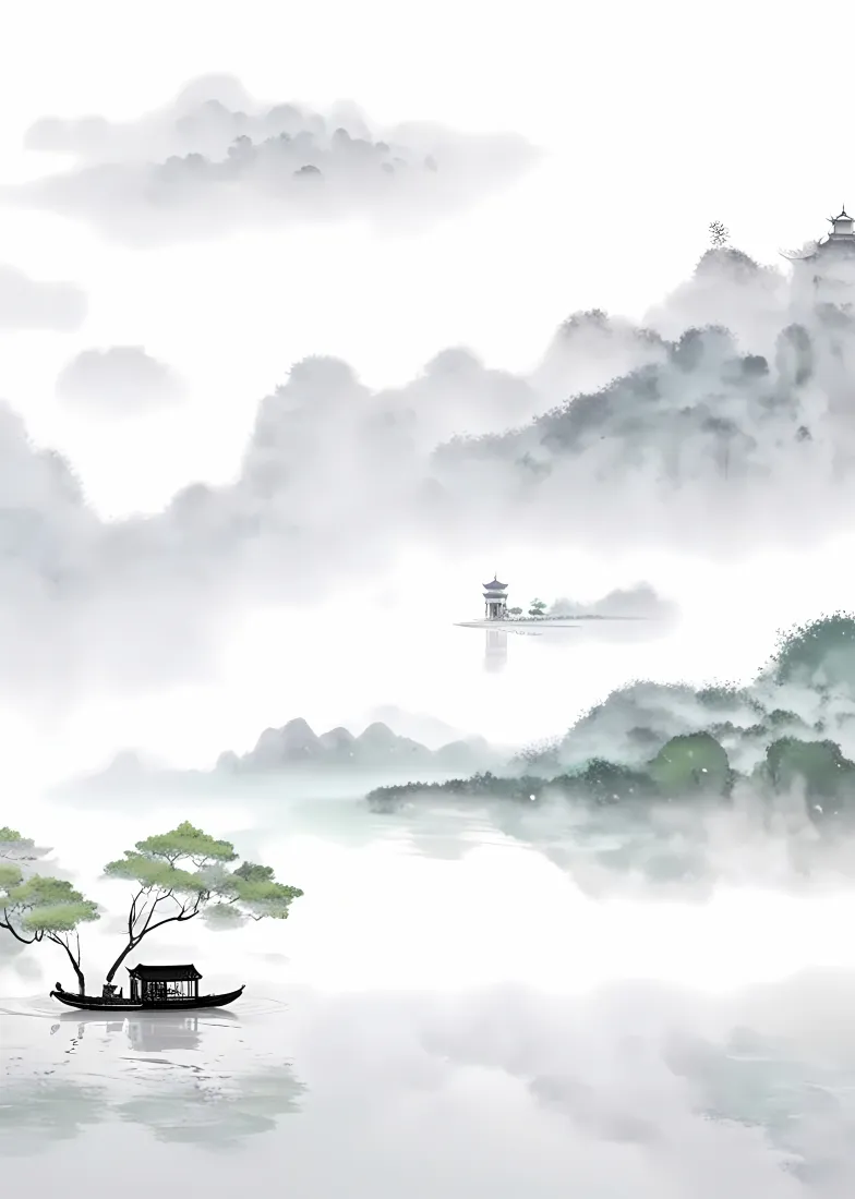 山水水墨画手机壁纸｜水墨风景 - 小船云雾远山「哲风壁纸」