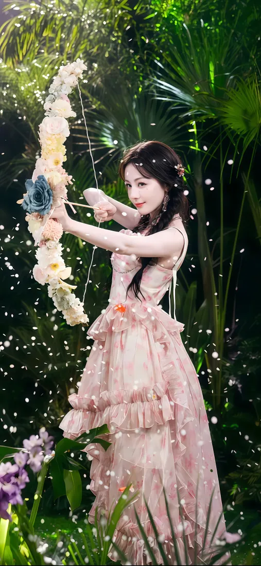 迪丽热巴手机壁纸｜绿植背景 - 粉色花裙弓箭「哲风壁纸」