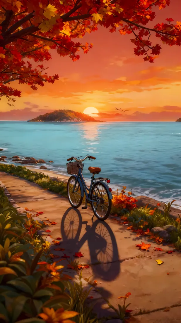 秋天湖边自行车手机壁纸｜日落红叶 - 海边小路「哲风壁纸」