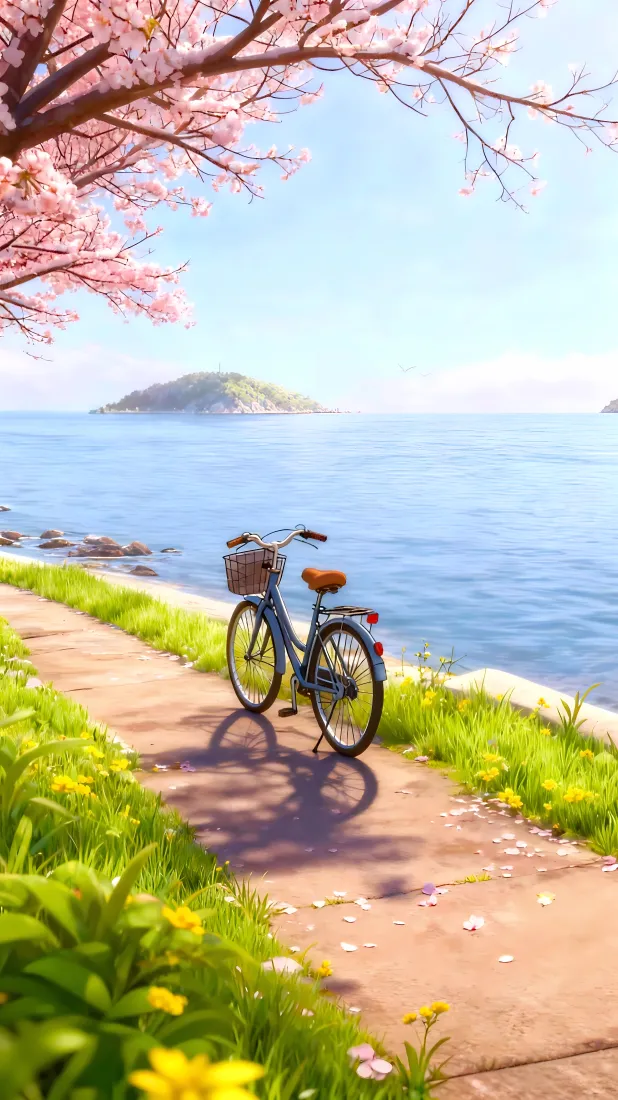 春天湖边自行车手机壁纸｜樱花小路草地 - 黄花「哲风壁纸」
