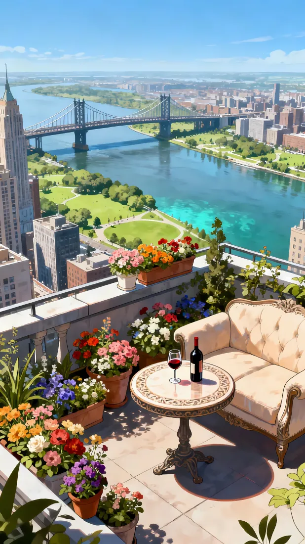 露台休闲手机壁纸｜都市风景背景 - 晴天红酒花簇「哲风壁纸」