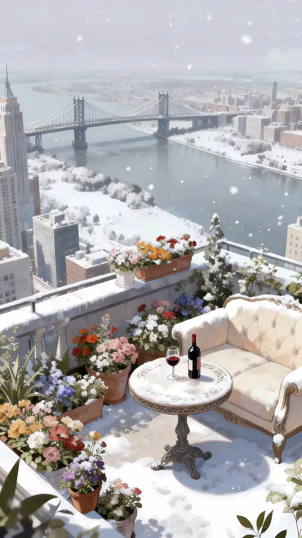 雪景露台手机壁纸｜花簇红酒背景 - 城市冬雪「哲风壁纸」