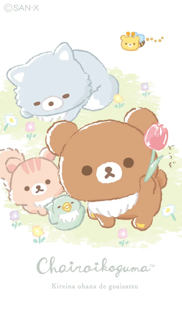 轻松熊手机壁纸｜草地花背景 - 卡通小熊「哲风壁纸」