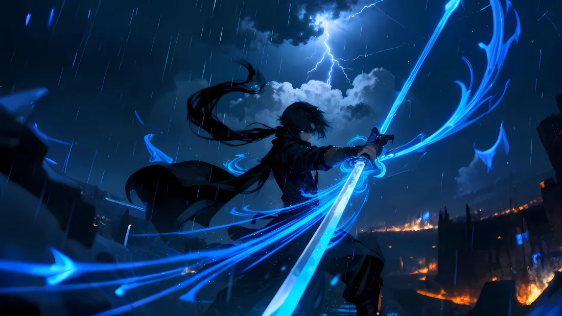 3k少年侠客壁纸｜雨夜闪电 - 蓝刃剑光「哲风壁纸」