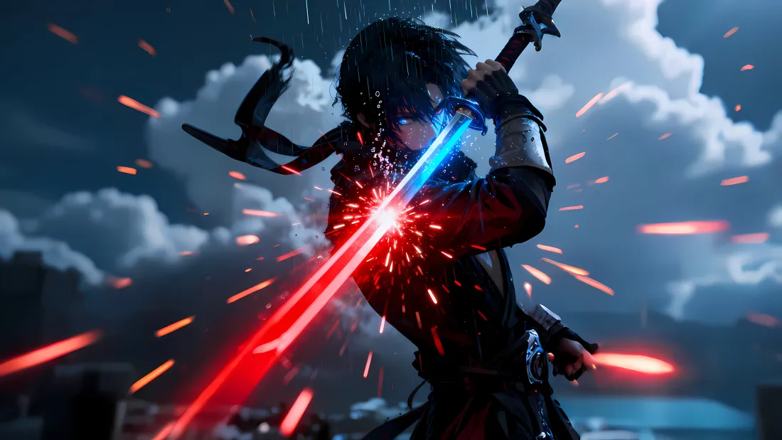 3k少年侠客壁纸｜战斗背景 - 红蓝剑光「哲风壁纸」