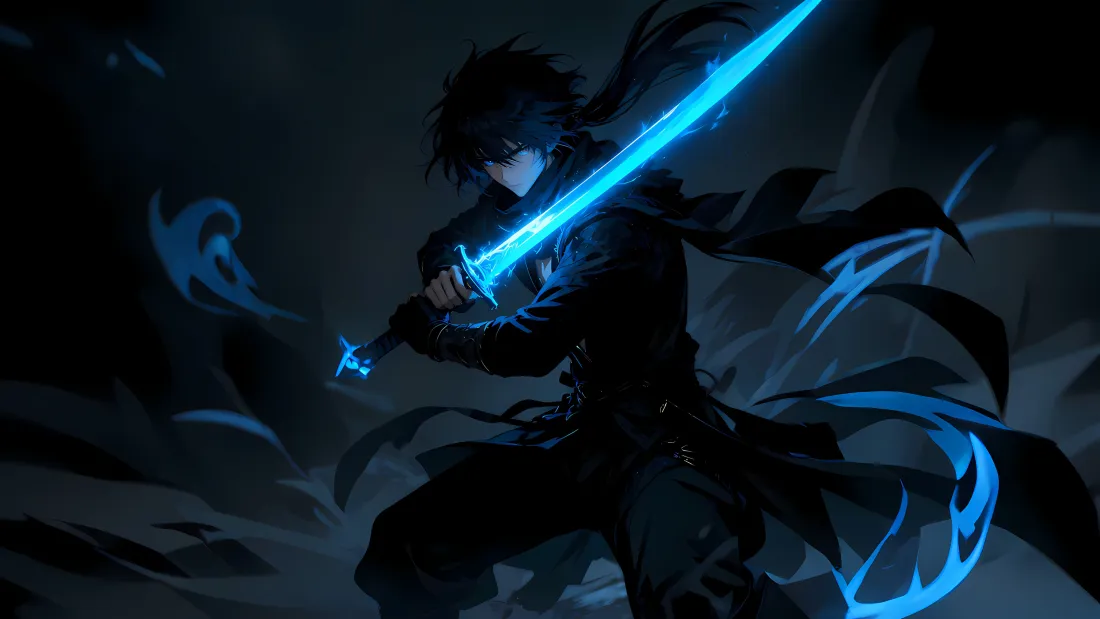 3k少年侠客壁纸｜黑暗背景 - 蓝色剑光「哲风壁纸」
