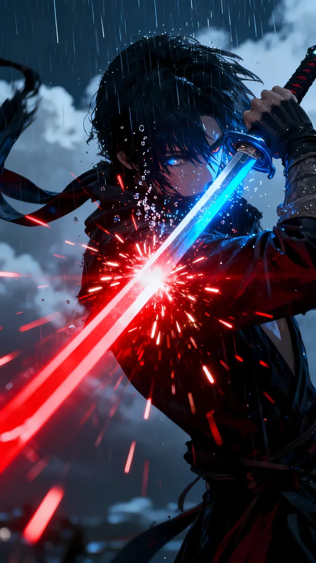 少年侠客手机壁纸｜雨中战斗 - 红蓝剑光「哲风壁纸」