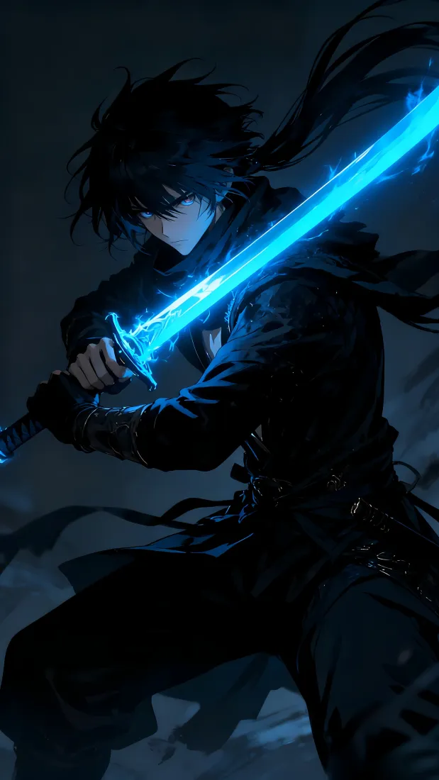 黑衣侠客手机壁纸｜黑暗背景图片 - 蓝色剑光「哲风壁纸」