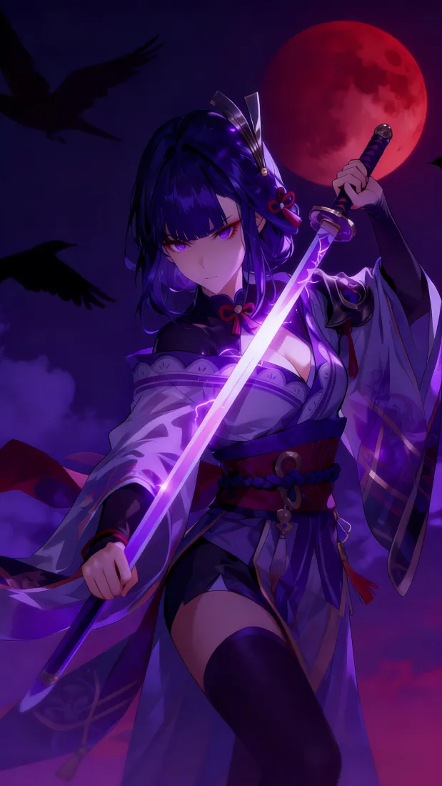 雷电将军手机壁纸｜红月背景 - 原神剑光「哲风壁纸」