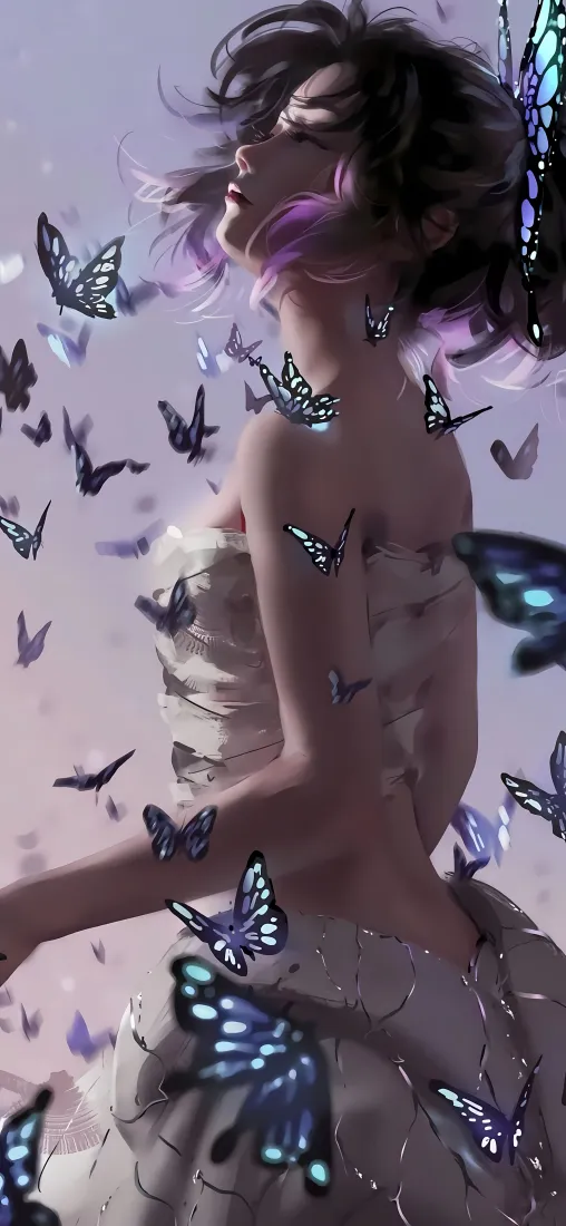 蝴蝶 白衣女子手机壁纸｜梦幻蝴蝶背景 - 蓝色蝴蝶「哲风壁纸」