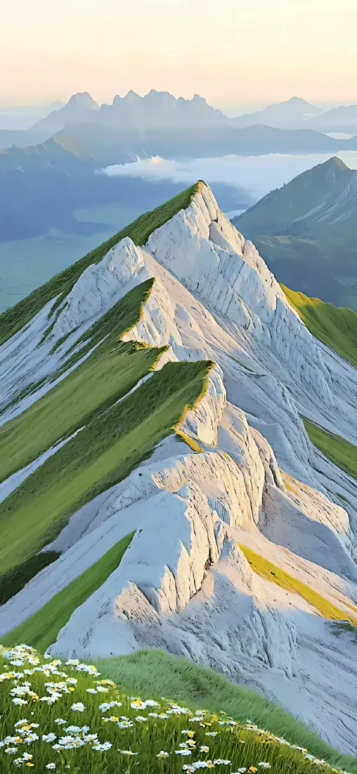 雪山手机壁纸｜自然风景背景 - 草地野花晨雾「哲风壁纸」