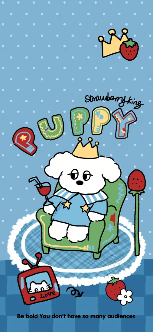 卡通小狗手机壁纸｜蓝色背景 - 皇冠酒杯草莓「哲风壁纸」