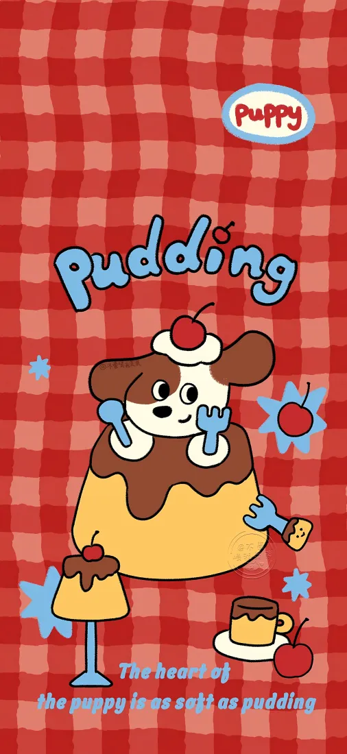 布丁小狗手机壁纸｜红格背景 - 卡通可爱「哲风壁纸」