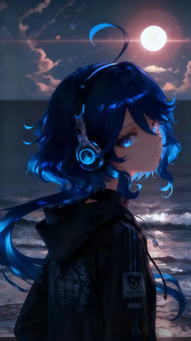 蓝发少女手机壁纸｜海边月夜 - 二次元「哲风壁纸」